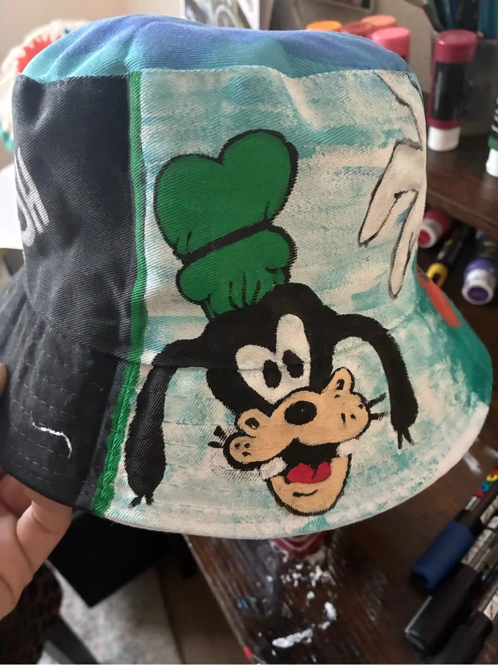 mine Painted Teal & Blue Kids Bucket Hat with Yellow 'WHOOPS'